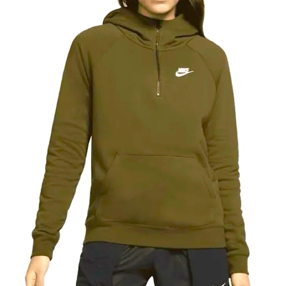 Nike Women's Essential 1/4-Zip Logo Hoodie Sweatshirt- Khaki Green, Size XL